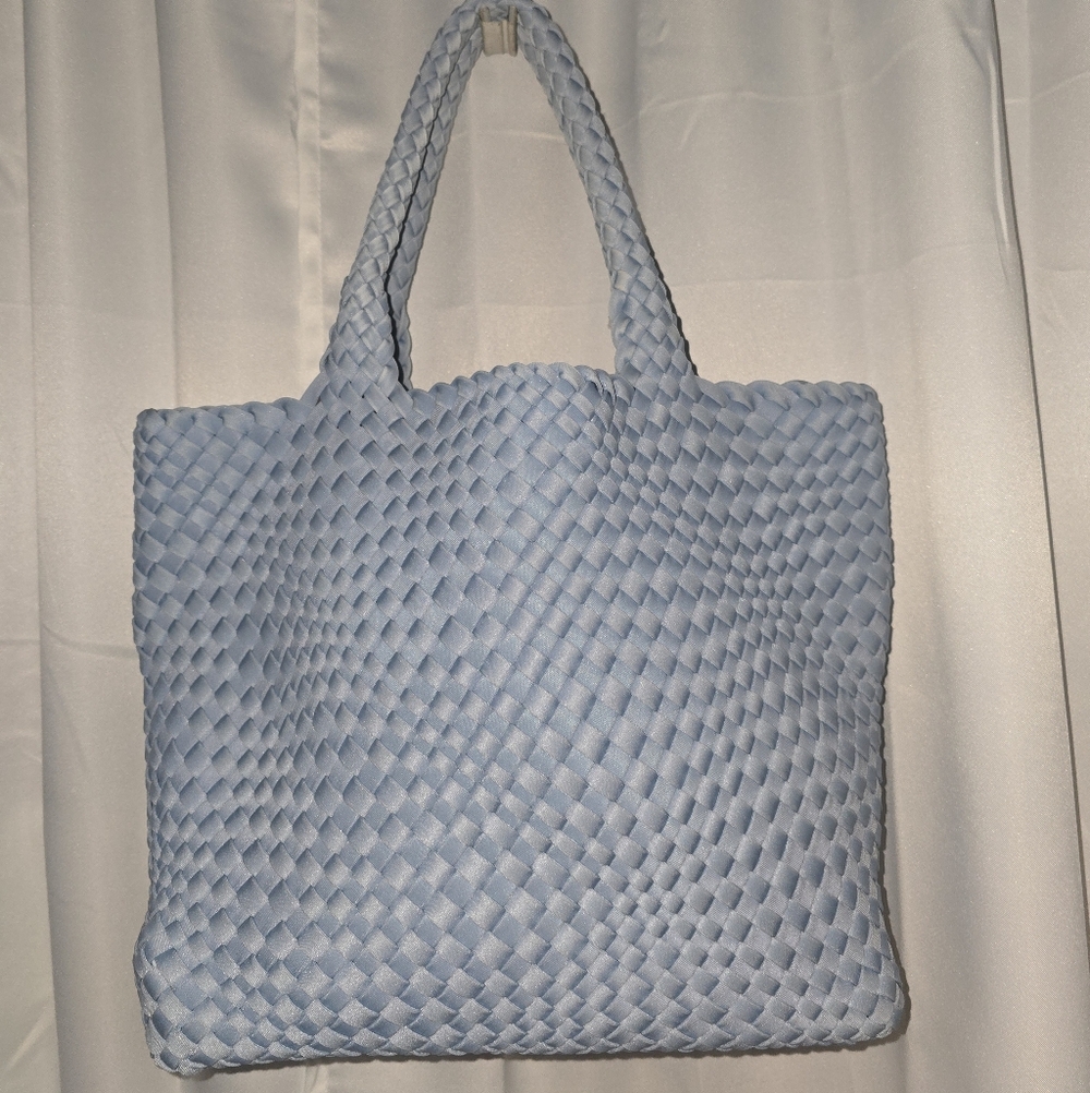 WOOVEN LEATHER BLUE TOTE SHOULDER BAG